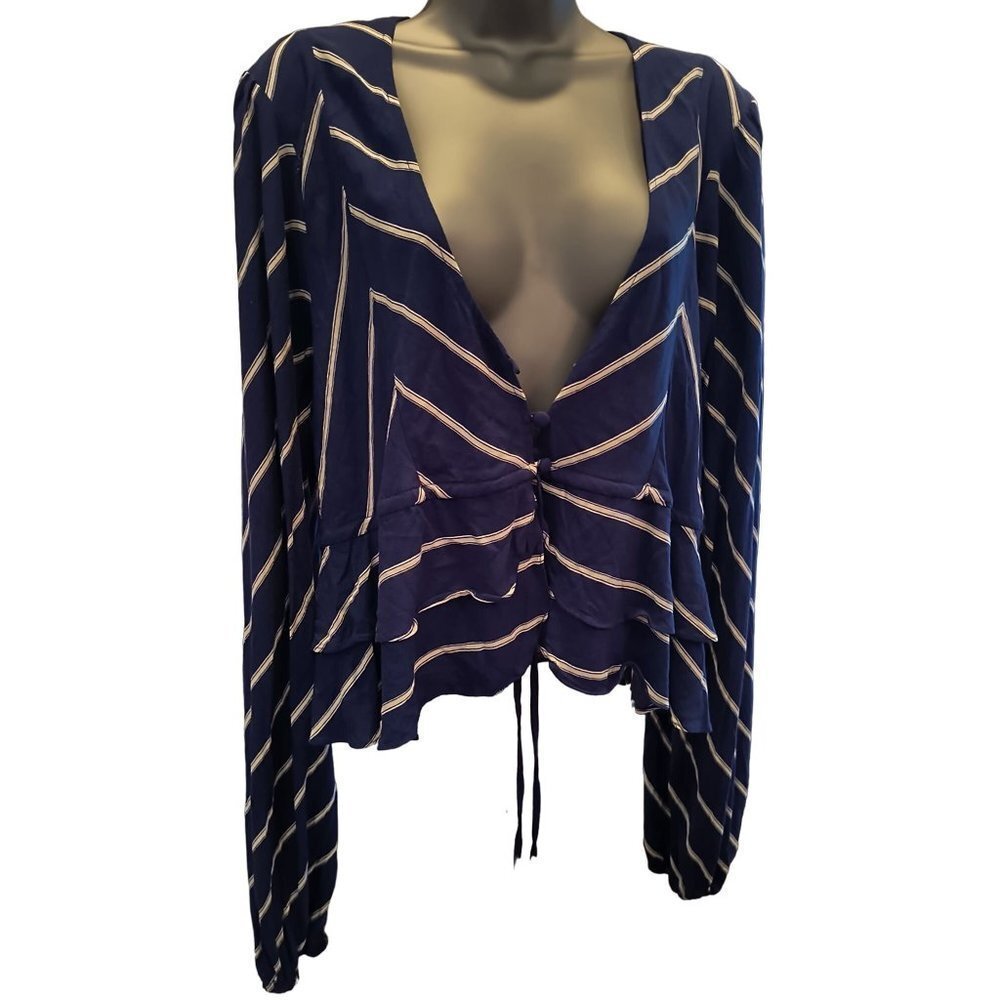 FREE PEOPLE Samifran Crop Flowy Blouse Blue White Stripe Button Tie Size Large